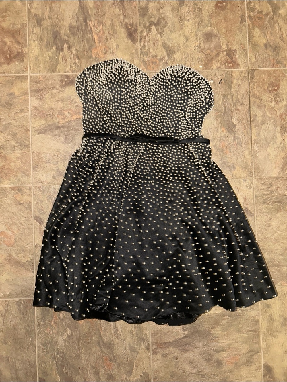 Faviana Black Strapless Dress with Pearl Accents